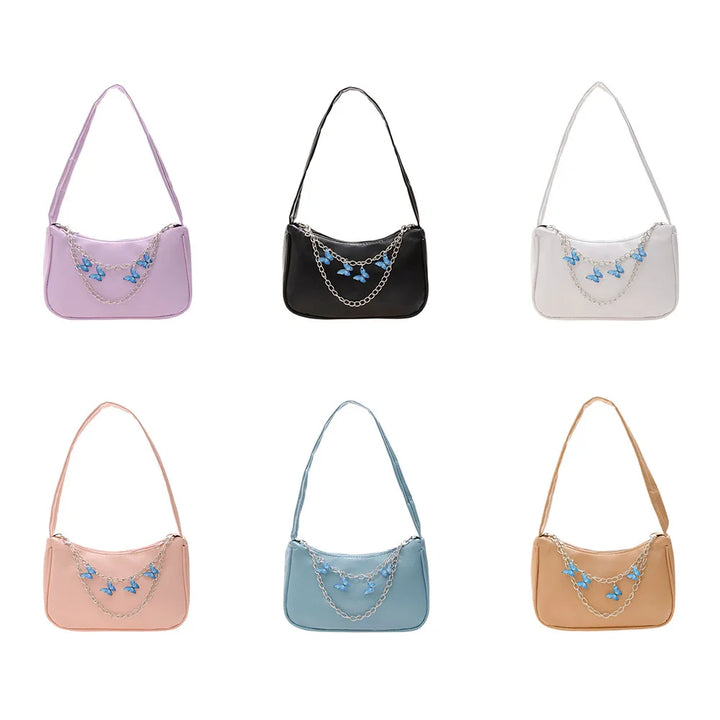 Ladies Underarm Shoulder Bags PU Leather Women Handbag Exquisite Shopping Bag with Butterfly Chains Designed