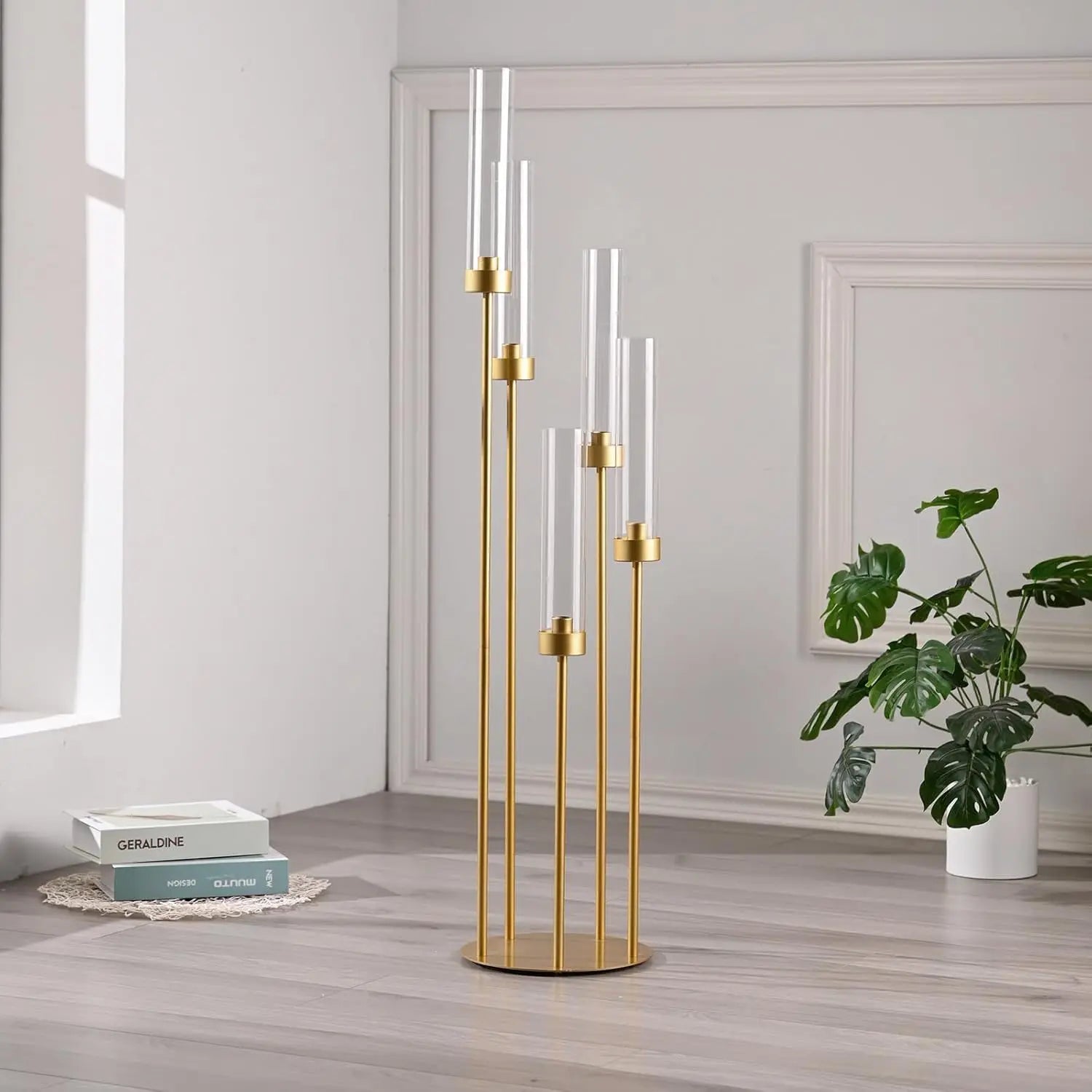 39.4'' Tall Gold Floor Candelabra 8PCS 5 Arm Candle Holder Candle Holder with Acrylic Lampshade for Wedding  Birthday Party