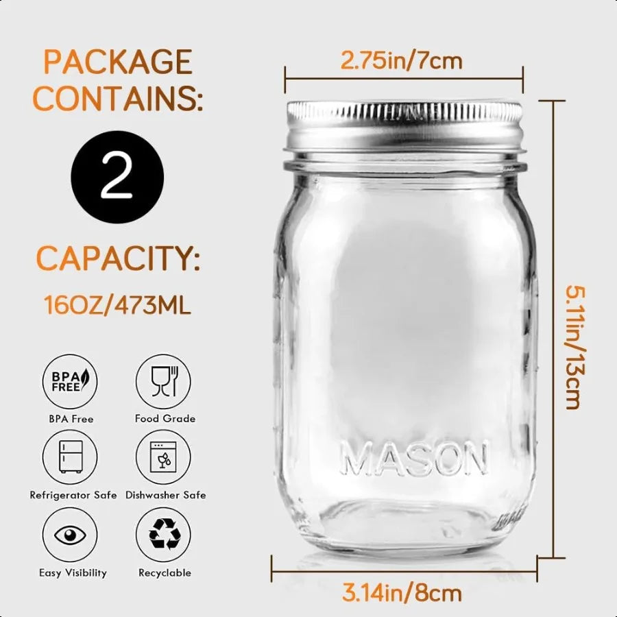 2 Pack Regular Mouth Mason Jars 16oz Glass Canning Jars with Airtight Lids for Jam Honey Jelly Wedding Favors Preserving Sauces