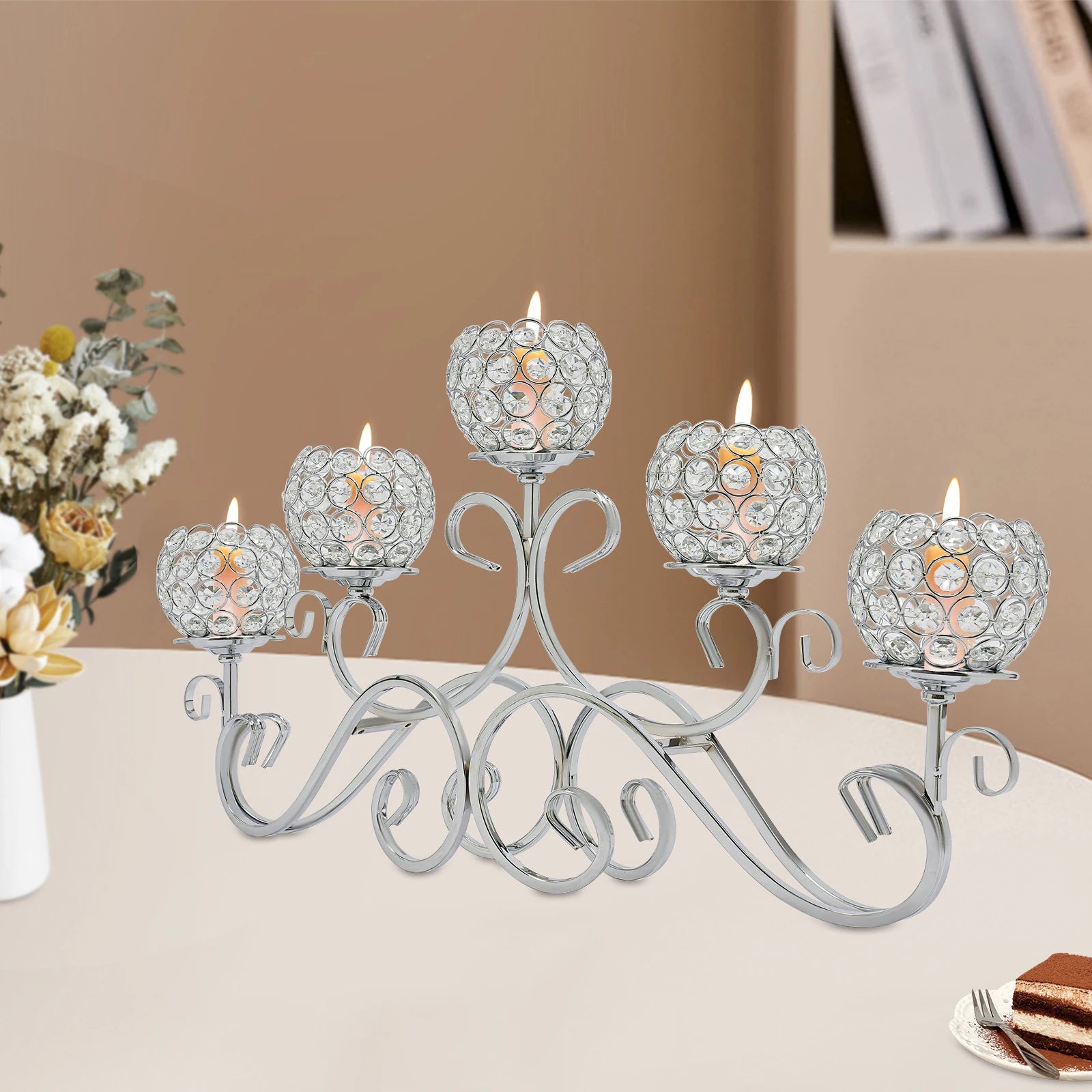 5 Arms 25.2In Crystal Candle Holder, Silver Modern Candelabra for Table Centerpiece, Iron Base W/ K9 Crystal, Wedding Home Decor