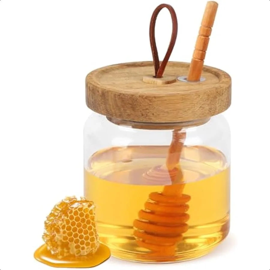 Honey Jars with Dipper 17 oz Airtight Glass Honey Dispenser with Acacia Lid Cover for Storing Honey and Syrup Home Kitchen Gift