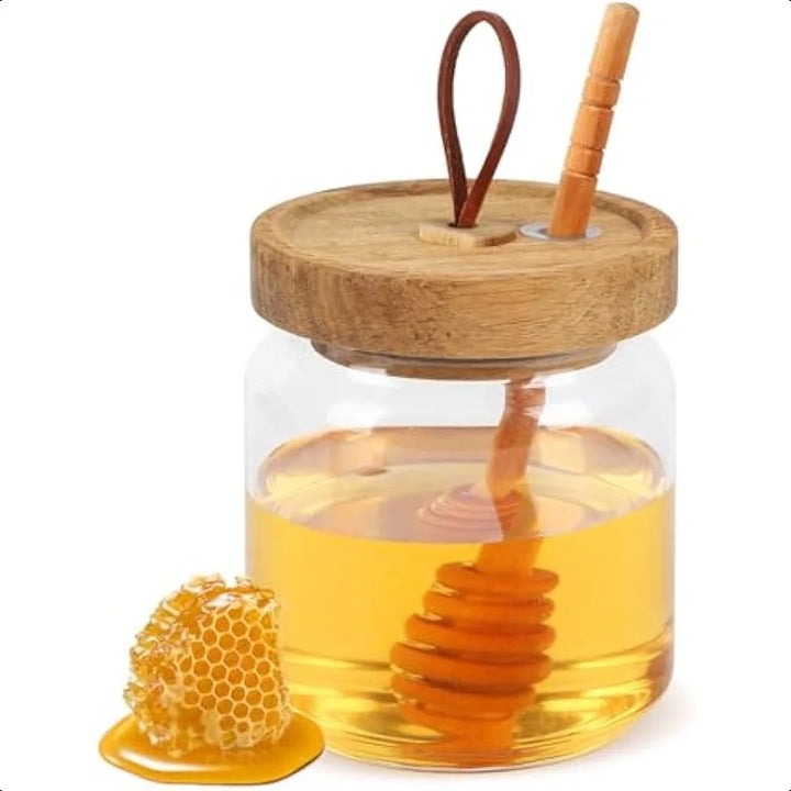 Honey Jars with Dipper 17 oz Airtight Glass Honey Dispenser with Acacia Lid Cover for Storing Honey and Syrup Home Kitchen Gift