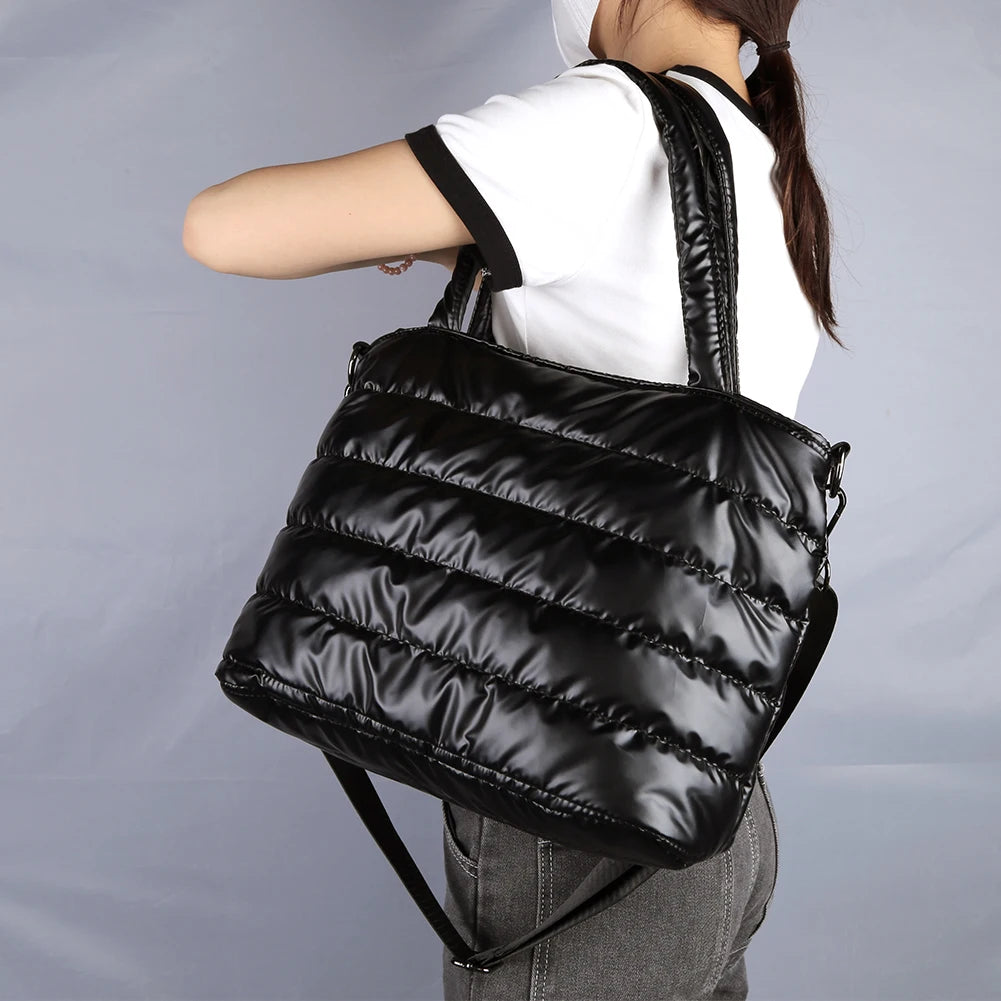 Women Padded Shoulder Bag Versatile Puffy Crossbody Bag Lightweight Solid Puffer Bag Large Capacity Casual Winter Shopping Bag