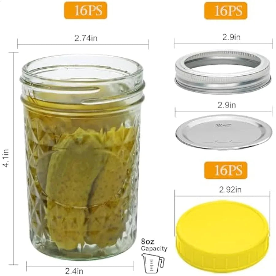 16 Pack Mason Jars8 oz Canning Jars Glass Jars With Lids Small Mason Jars Suitable for Jelly Jam Honey Wedding Favors Shower Fa