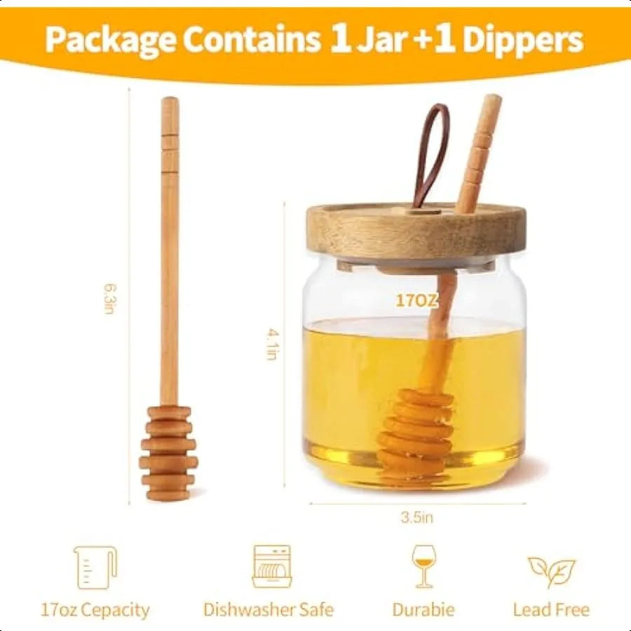 Honey Jars with Dipper 17 oz Airtight Glass Honey Dispenser with Acacia Lid Cover for Storing Honey and Syrup Home Kitchen Gift