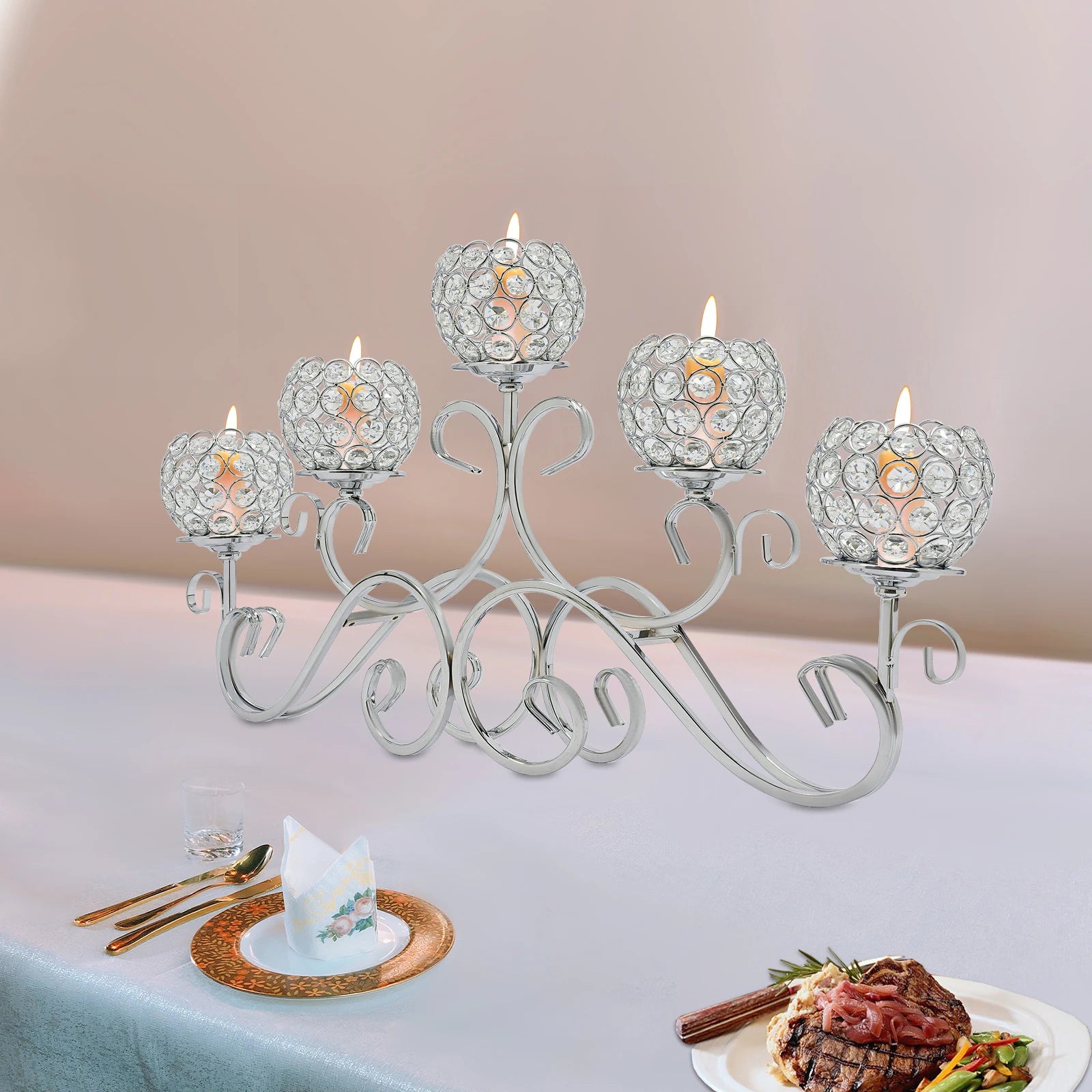 5 Arms 25.2In Crystal Candle Holder, Silver Modern Candelabra for Table Centerpiece, Iron Base W/ K9 Crystal, Wedding Home Decor