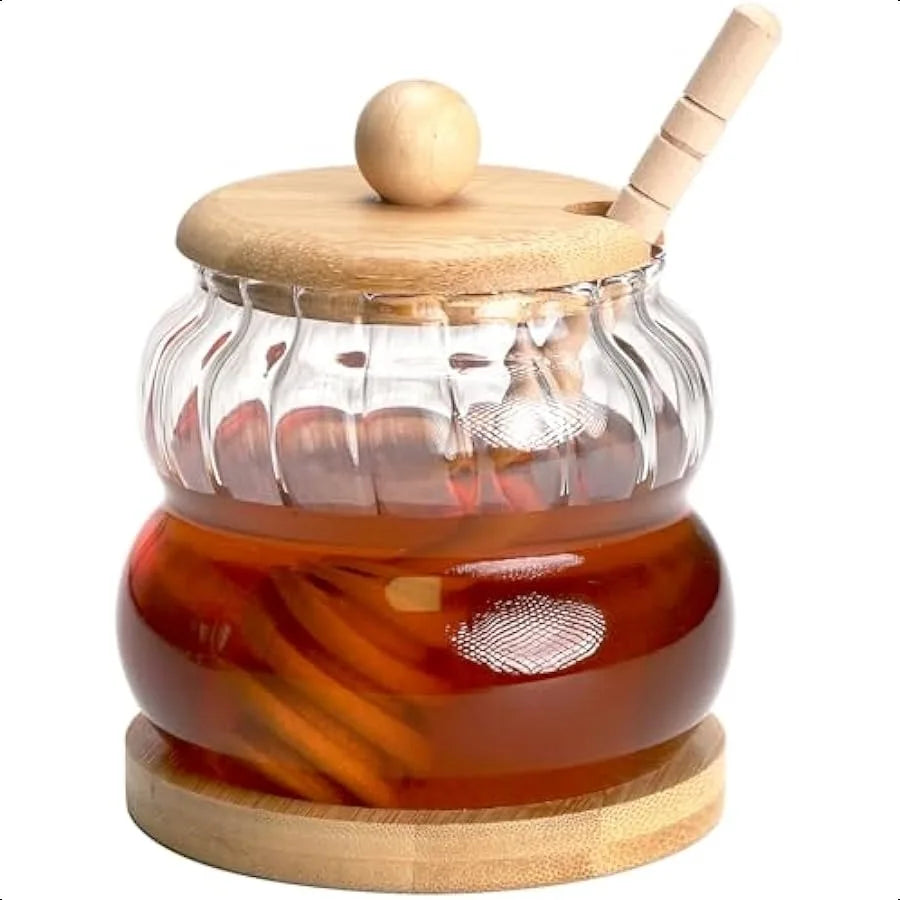 Honey Pot with Dipper and Lid 11oz Glass Honey Jar with Wooden Base Tray and Wooden Lid Wide Mouth Honey Containers Pumpkin Sha