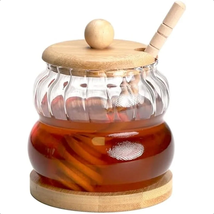 Honey Pot with Dipper and Lid 11oz Glass Honey Jar with Wooden Base Tray and Wooden Lid Wide Mouth Honey Containers Pumpkin Sha