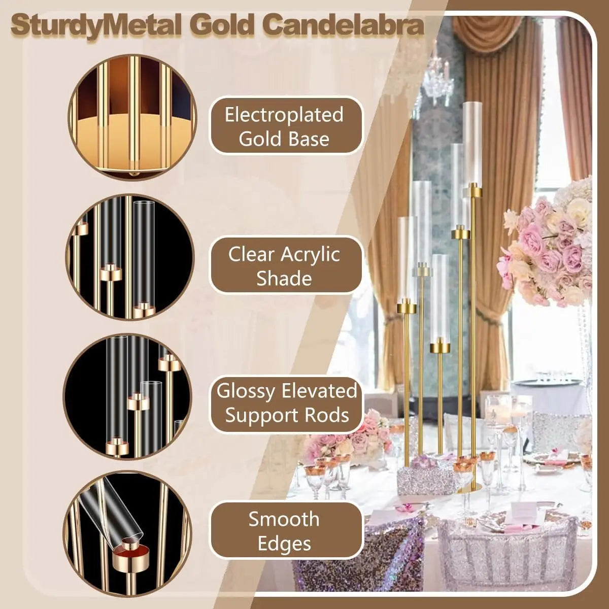 39.4'' Tall Gold Floor Candelabra 8PCS 5 Arm Candle Holder Candle Holder with Acrylic Lampshade for Wedding  Birthday Party