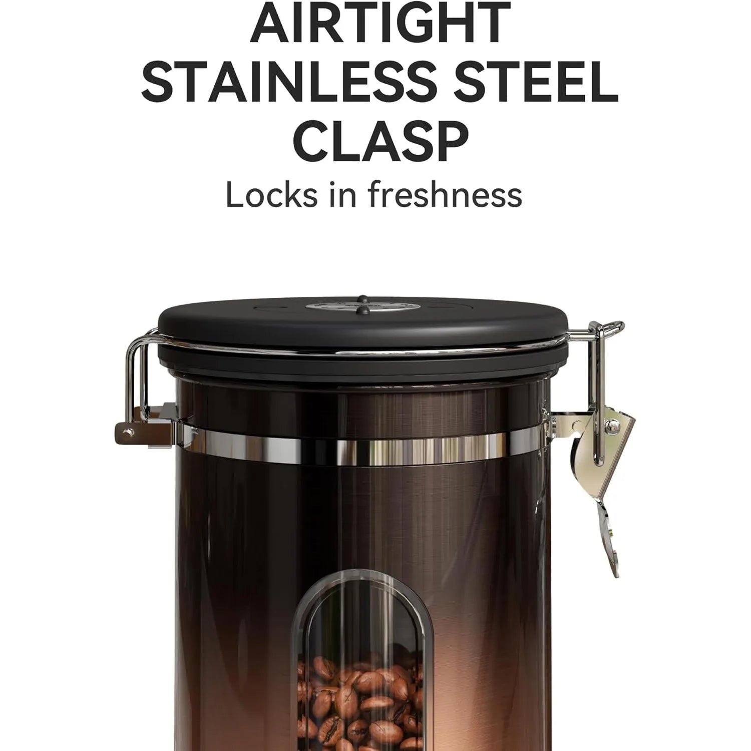 Coffee Canister with Window, Cereal, Grounds Coffee, Beans, Tea, Flour, Sugar, Airtight Stainless Steel Food Storage Container