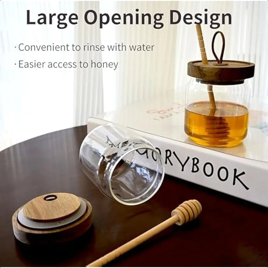 Glass Honey Dispenser with Stick and Acacia Lid Cover Airtight 17 OZ Glass Bottle Honey Jay Sealed Storage Wide Mouth Container