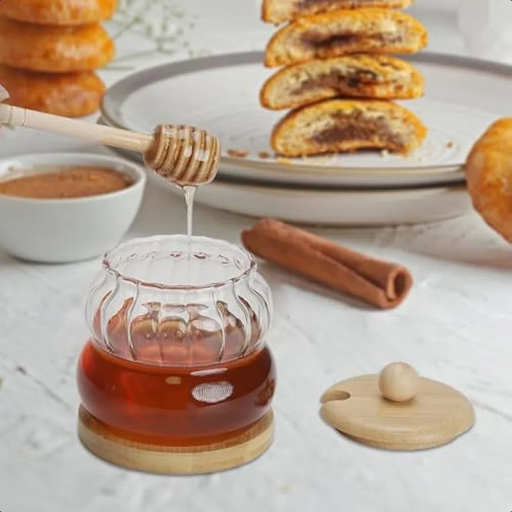 Honey Pot with Dipper and Lid 11oz Glass Honey Jar with Wooden Base Tray and Wooden Lid Wide Mouth Honey Containers Pumpkin Sha