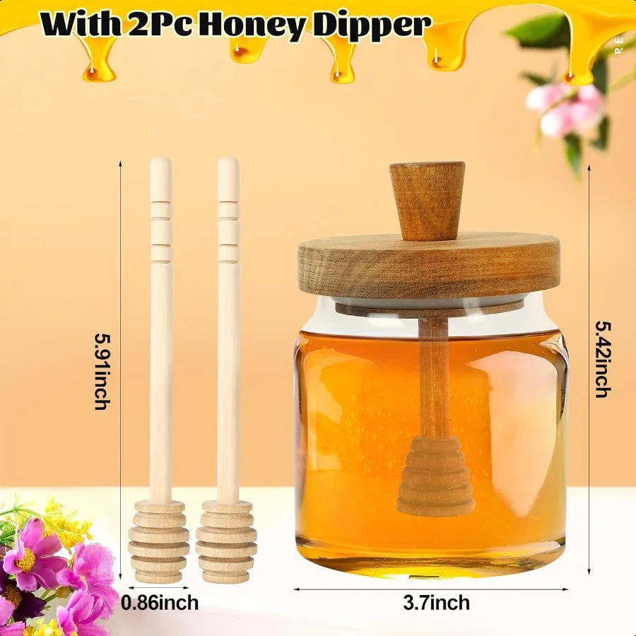 Honey Pot with Dipper and Lid 18oz Glass Honey Jar with Wooden Honey Dippers Stick Set Wide Mouth Honey Containers Airtight Syr