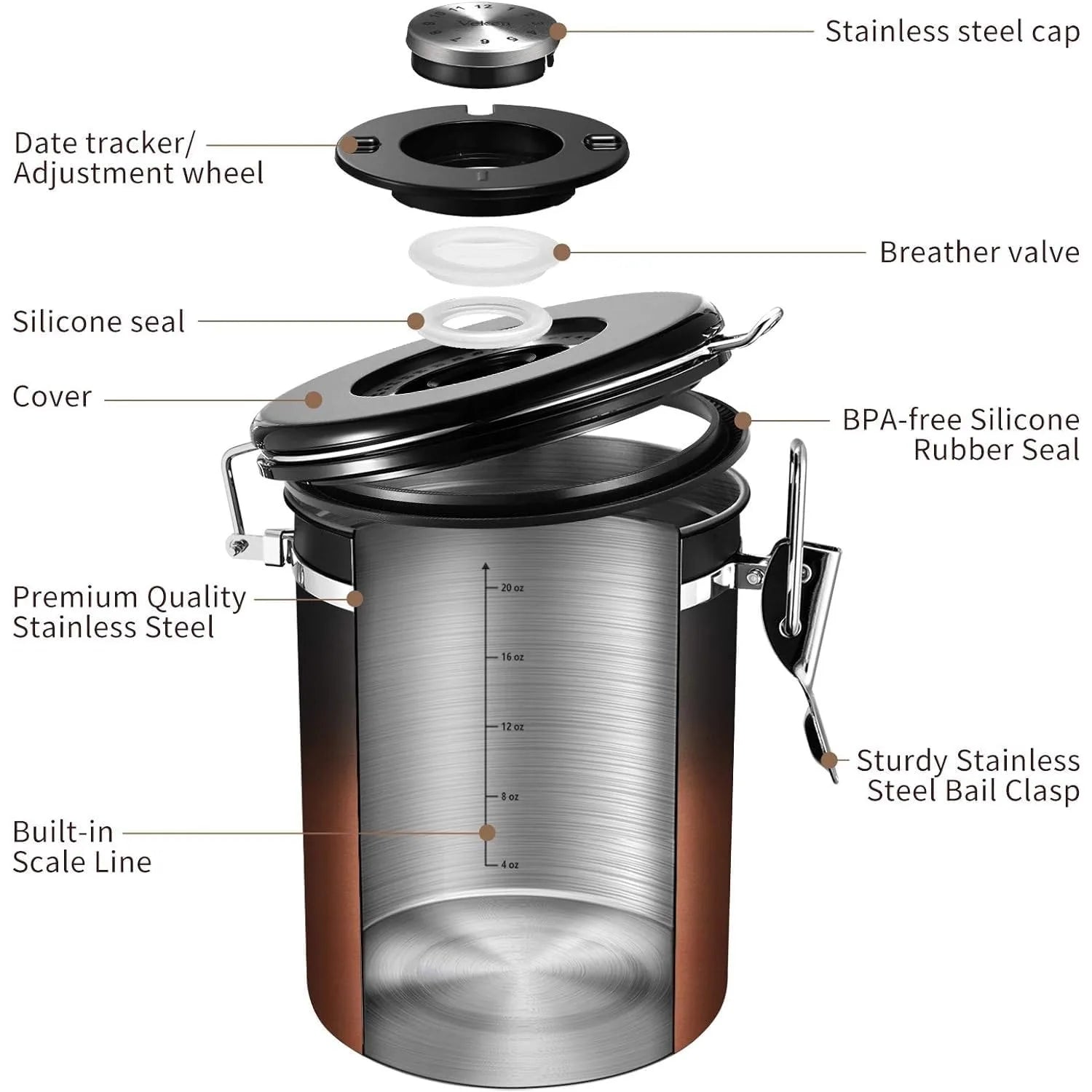 Coffee Canister with Window, Cereal, Grounds Coffee, Beans, Tea, Flour, Sugar, Airtight Stainless Steel Food Storage Container