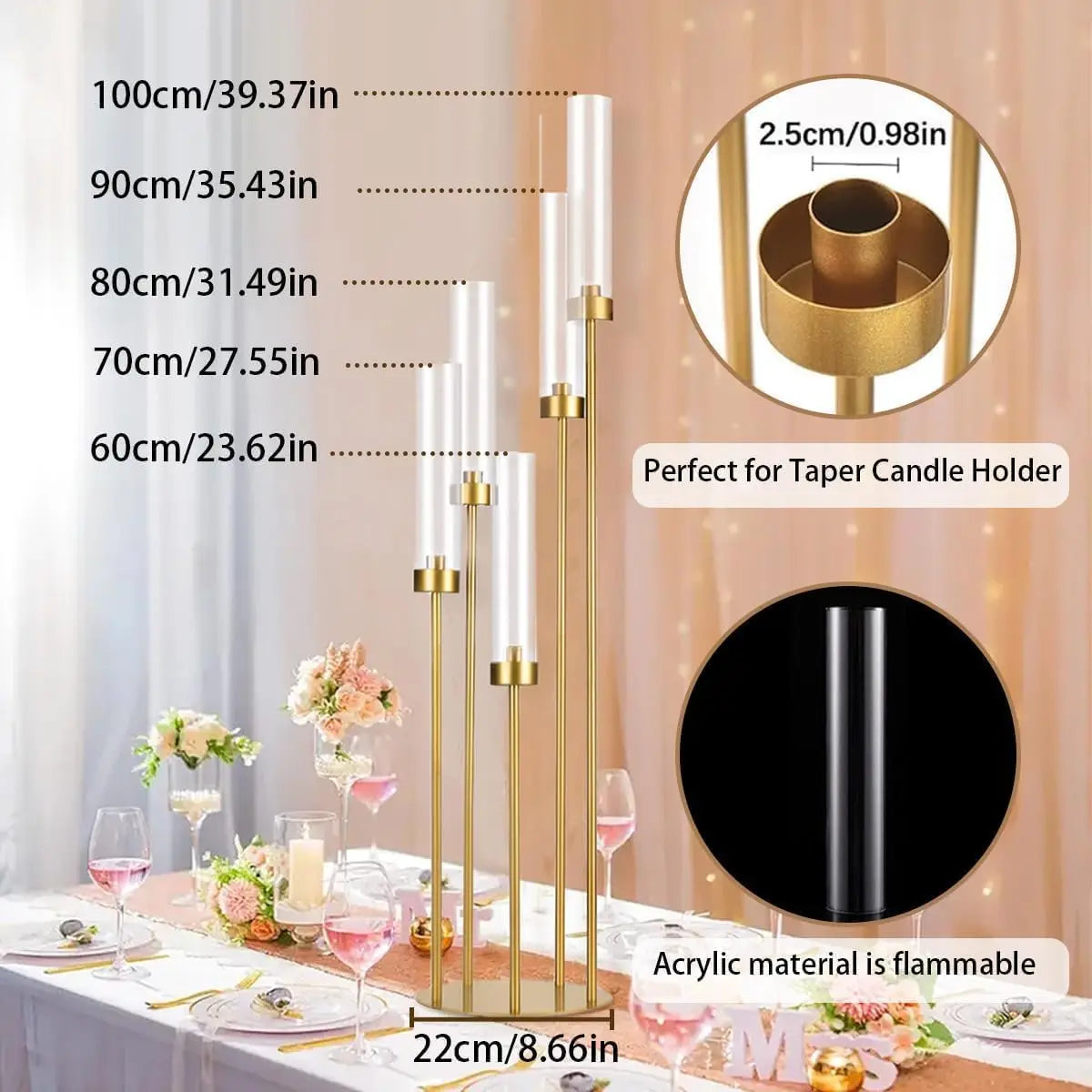 39.4'' Tall Gold Floor Candelabra 8PCS 5 Arm Candle Holder Candle Holder with Acrylic Lampshade for Wedding  Birthday Party