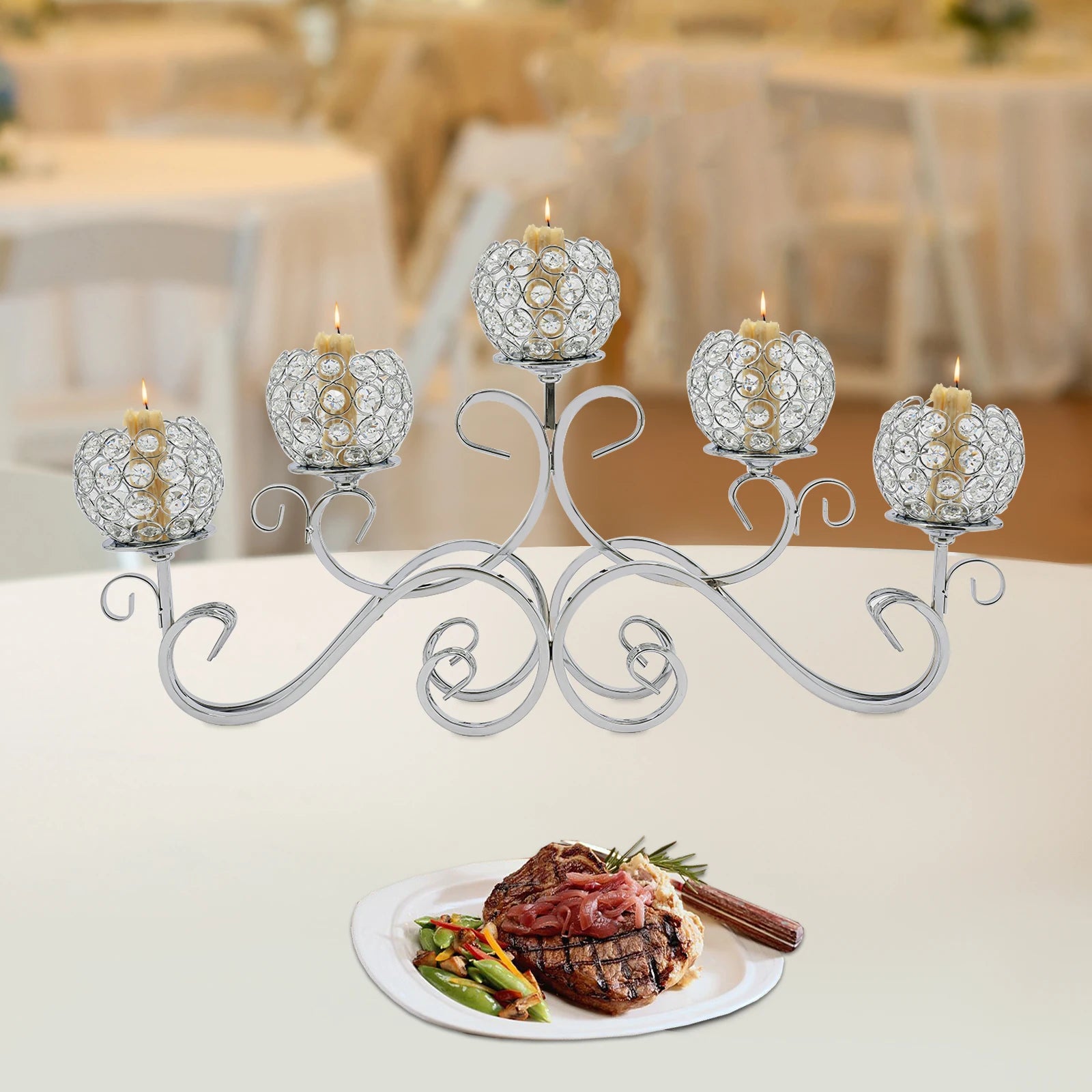 5 Arms 25.2In Crystal Candle Holder, Silver Modern Candelabra for Table Centerpiece, Iron Base W/ K9 Crystal, Wedding Home Decor