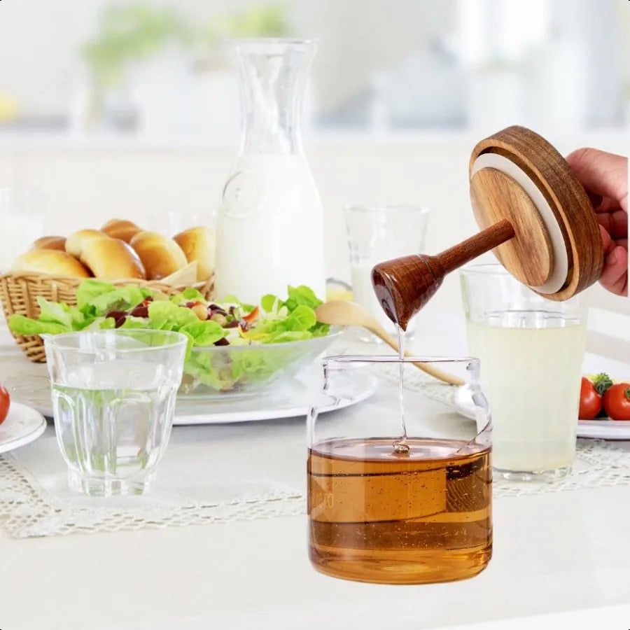ANSQU Honey Pot Airtight Glass Honey Jar with Dipper Stick and Wooden Lid Honey Containers for Storing Honey Mason Jar for Home