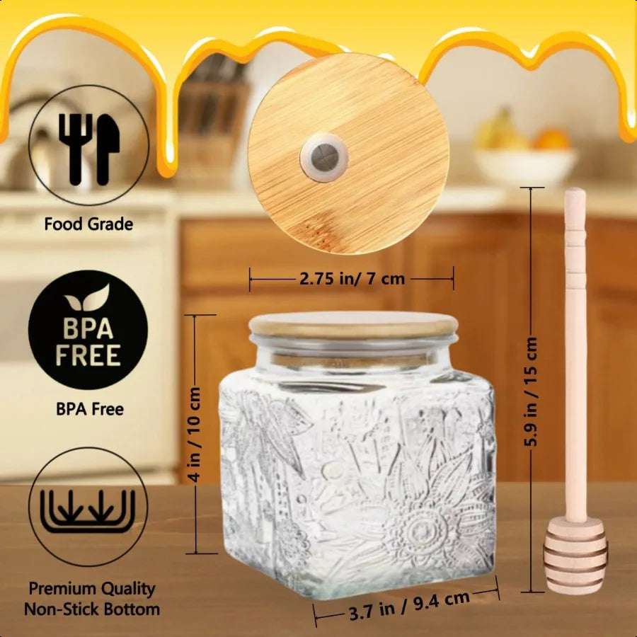 Honey Pot 17oz Airtight Glass Honey Jar with Bamboo Lid and Dipper Stick Square Sunflower Jar for Home Kitchen