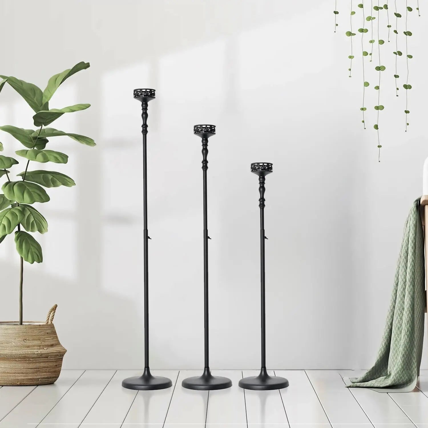 Floor Candle Holder Centerpieces for Table 3Pcs Candle holders Metal Candlestick Set for Wedding Home Ceremony Halloween (Black)