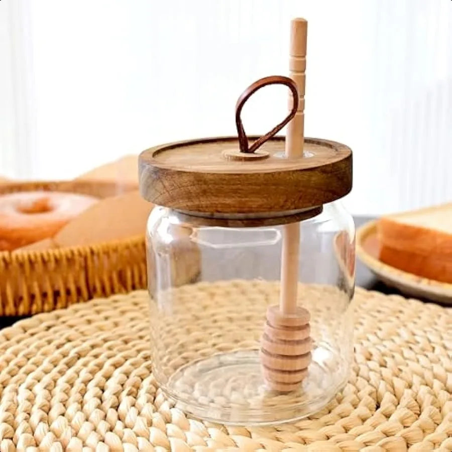 Glass Honey Dispenser with Stick and Acacia Lid Cover Airtight 17 OZ Glass Bottle Honey Jay Sealed Storage Wide Mouth Container