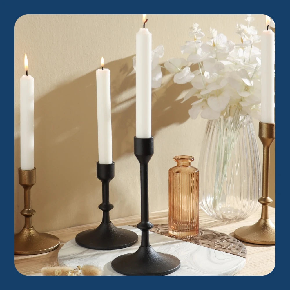 Black Cast Iron Metal Taper Candle Holder, 7.8", Large