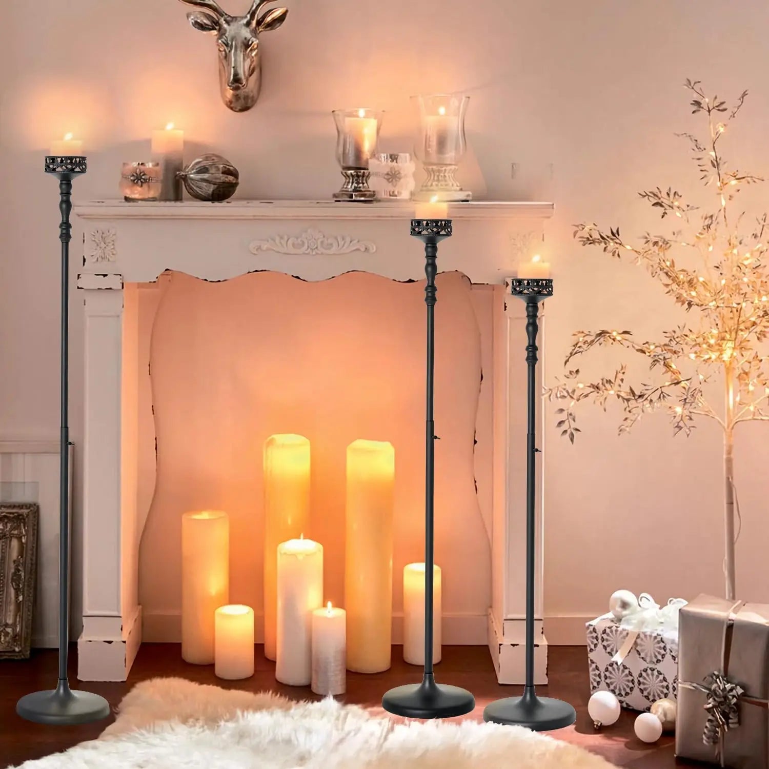 Floor Candle Holder Centerpieces for Table 3Pcs Candle holders Metal Candlestick Set for Wedding Home Ceremony Halloween (Black)