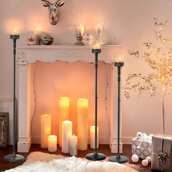 Floor Candle Holder Centerpieces for Table 3Pcs Candle holders Metal Candlestick Set for Wedding Home Ceremony Halloween (Black)