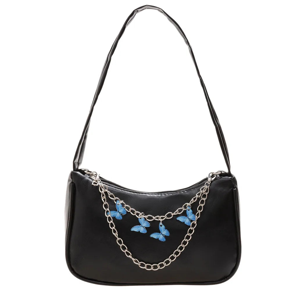Ladies Underarm Shoulder Bags PU Leather Women Handbag Exquisite Shopping Bag with Butterfly Chains Designed