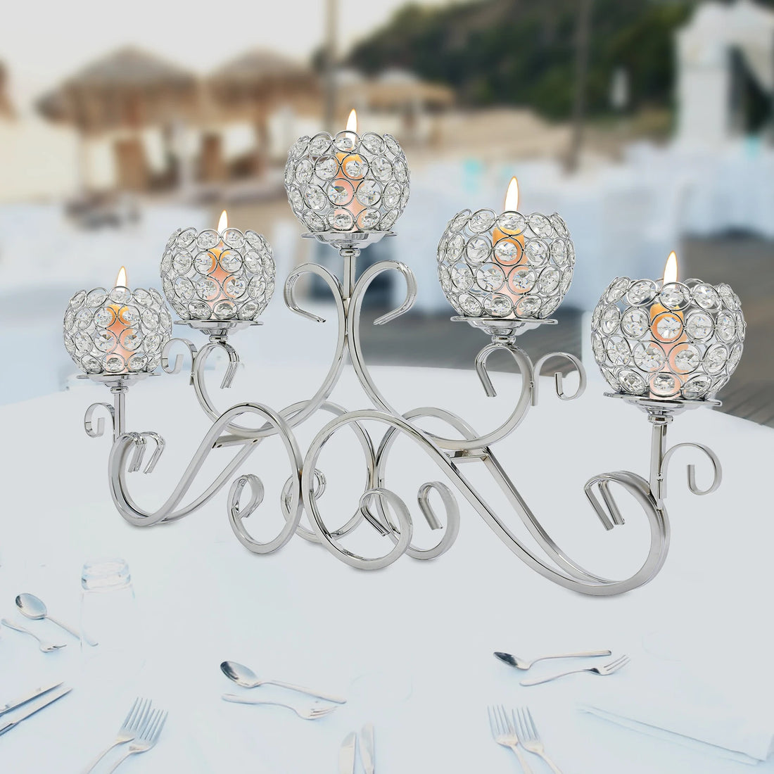 5 Arms 25.2In Crystal Candle Holder, Silver Modern Candelabra for Table Centerpiece, Iron Base W/ K9 Crystal, Wedding Home Decor