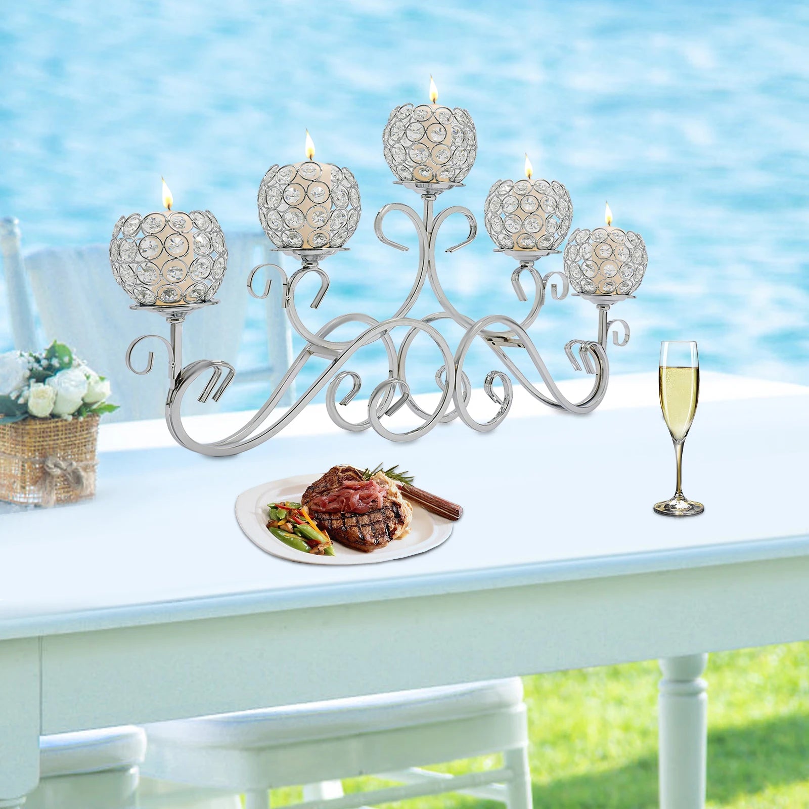 5 Arms 25.2In Crystal Candle Holder, Silver Modern Candelabra for Table Centerpiece, Iron Base W/ K9 Crystal, Wedding Home Decor