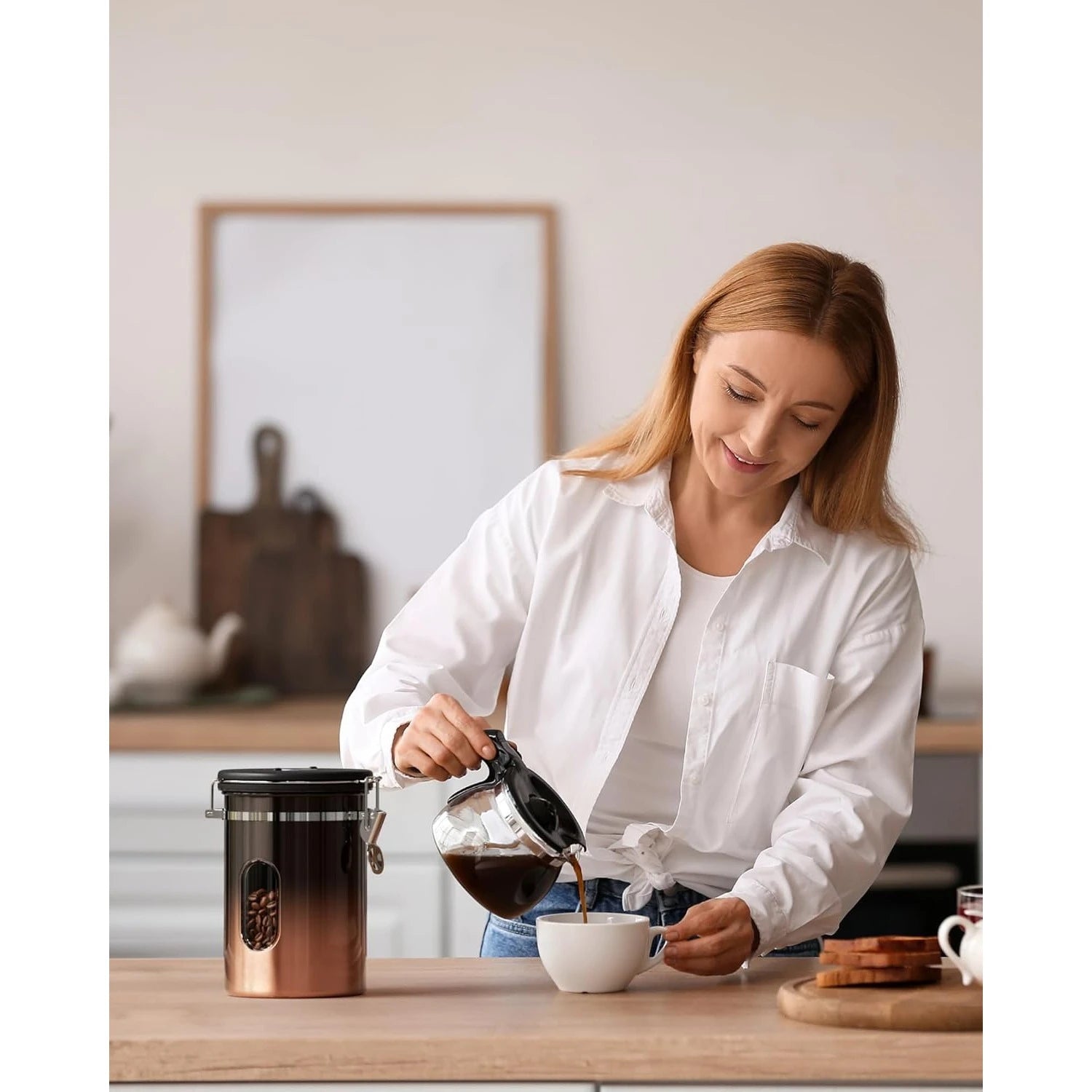 Coffee Canister with Window, Cereal, Grounds Coffee, Beans, Tea, Flour, Sugar, Airtight Stainless Steel Food Storage Container