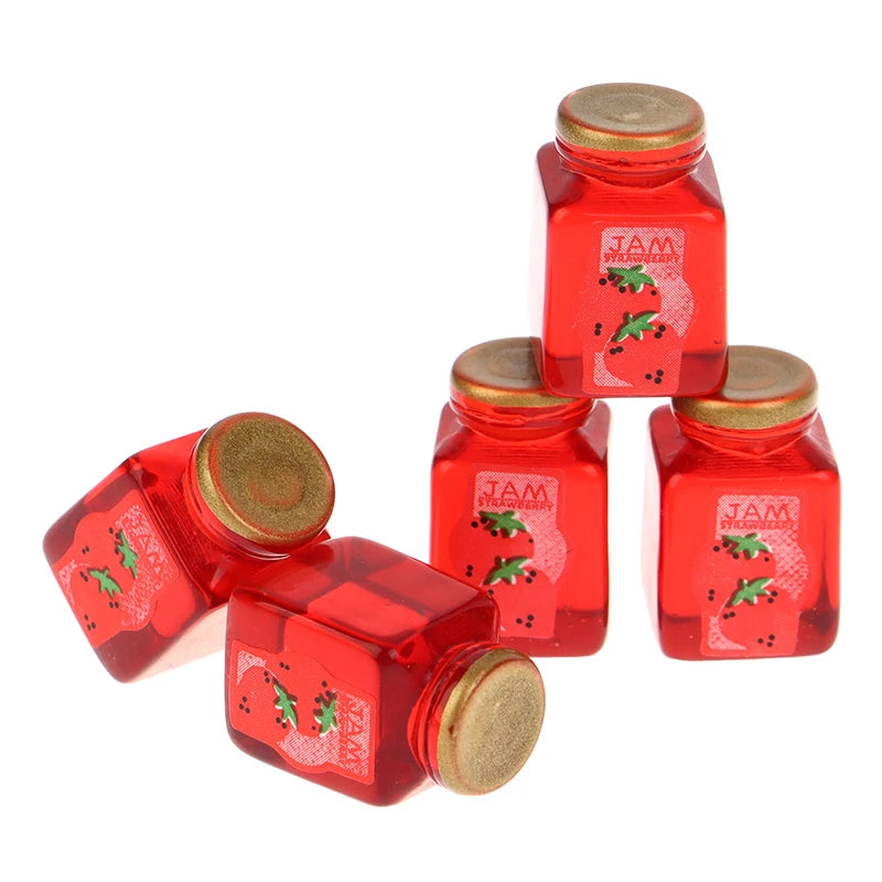 5Pcs 1/12 Dollhouse Strawberry Sauce Jam Jar Dollhouse Miniature Kitchen Food Accessories Dolls House Decorations Toys