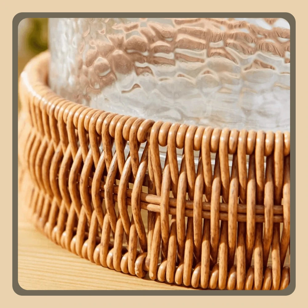 7" Decorative Clear Hammered Glass Hurricane Pillar Candle Holder with Brown Woven Base