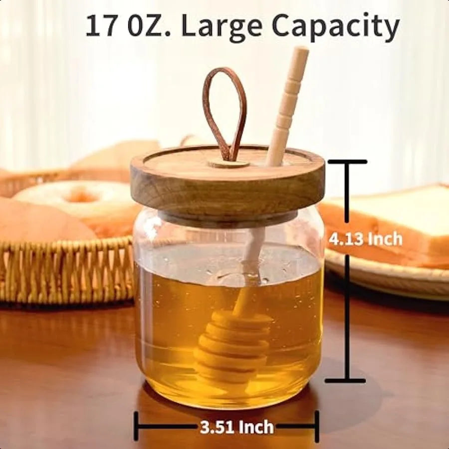 Glass Honey Dispenser with Stick and Acacia Lid Cover Airtight 17 OZ Glass Bottle Honey Jay Sealed Storage Wide Mouth Container