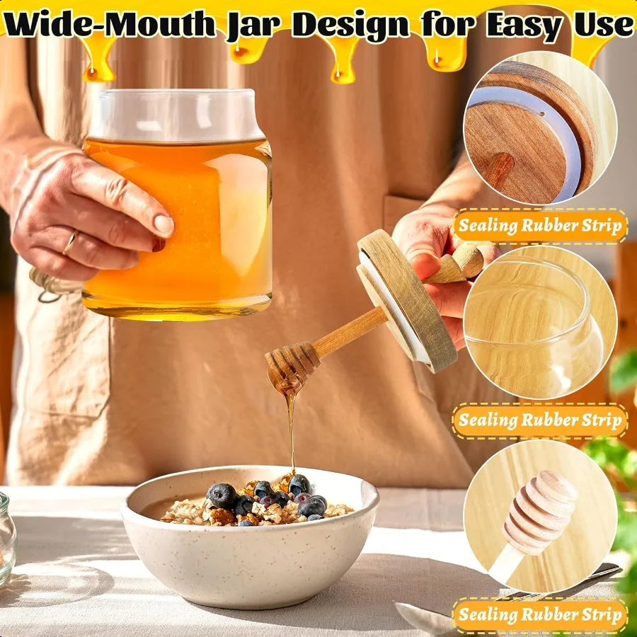 Honey Pot with Dipper and Lid 18oz Glass Honey Jar with Wooden Honey Dippers Stick Set Wide Mouth Honey Containers Airtight Syr