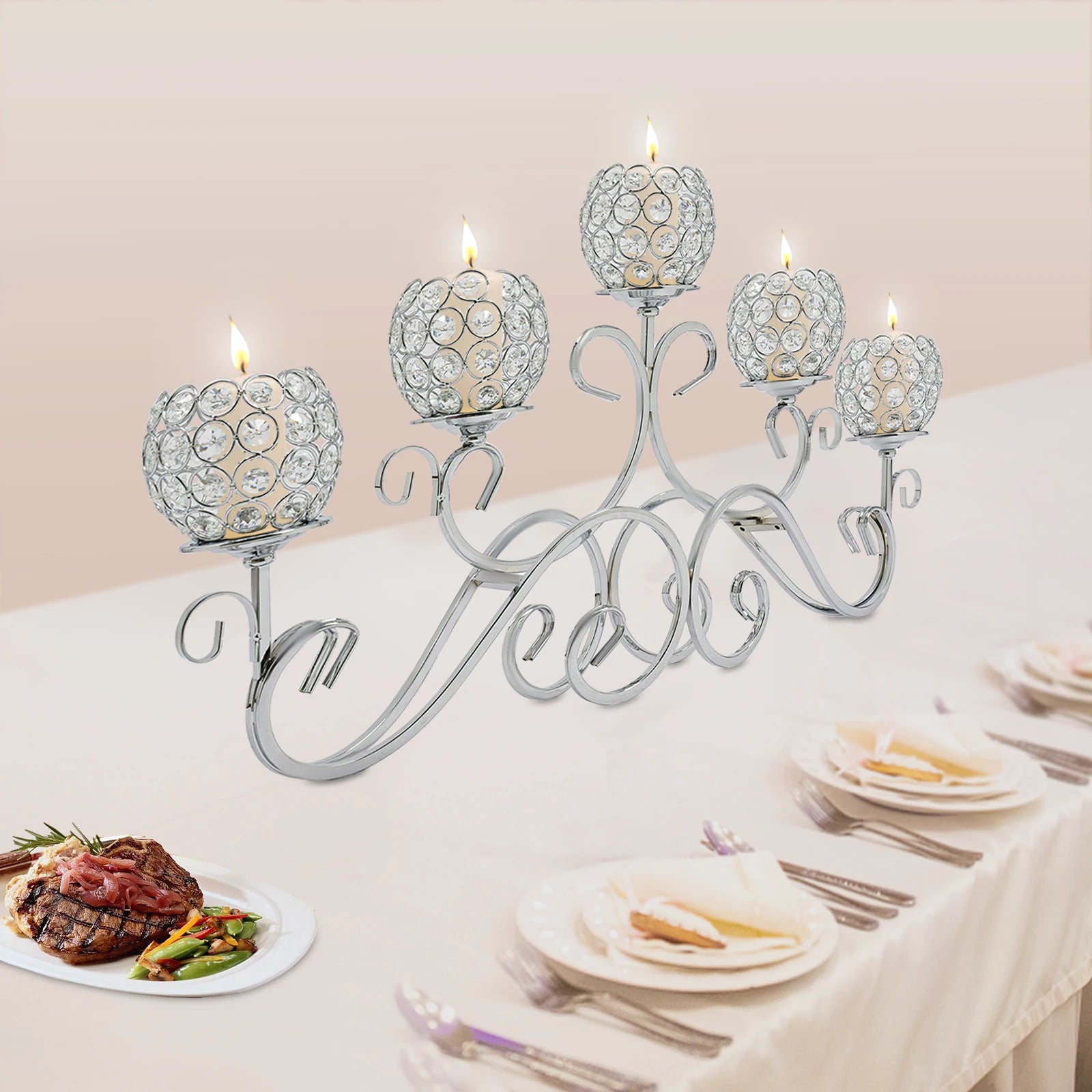 5 Arms 25.2In Crystal Candle Holder, Silver Modern Candelabra for Table Centerpiece, Iron Base W/ K9 Crystal, Wedding Home Decor