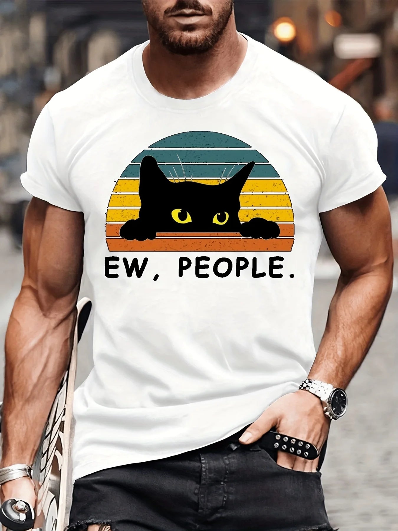 Fashion Forward Mens Black Cat Print T-Shirt - Stylish Hip Hop Crew Neck Tee for Summer Vacations & Unique Gifts - Comfortable