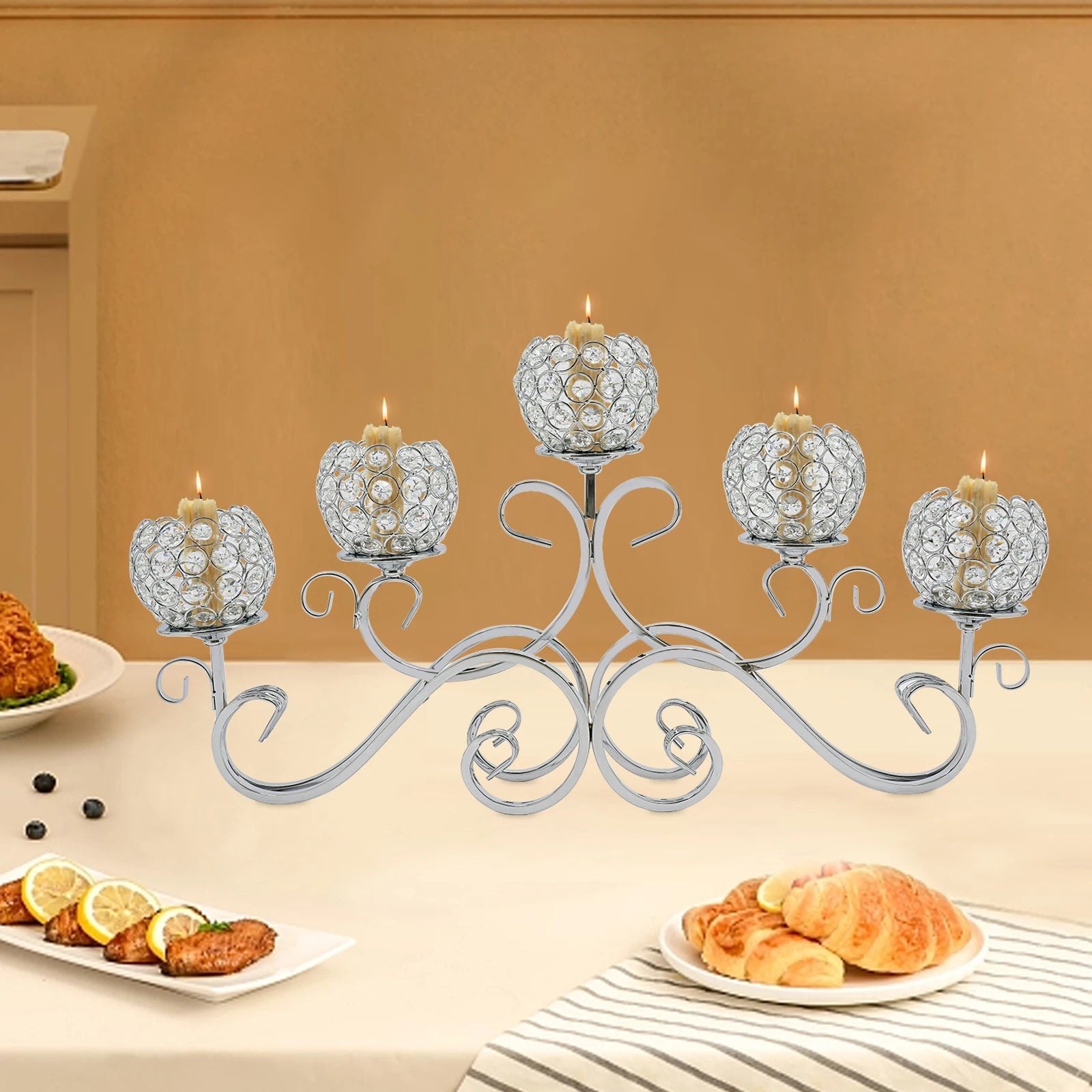 5 Arms 25.2In Crystal Candle Holder, Silver Modern Candelabra for Table Centerpiece, Iron Base W/ K9 Crystal, Wedding Home Decor