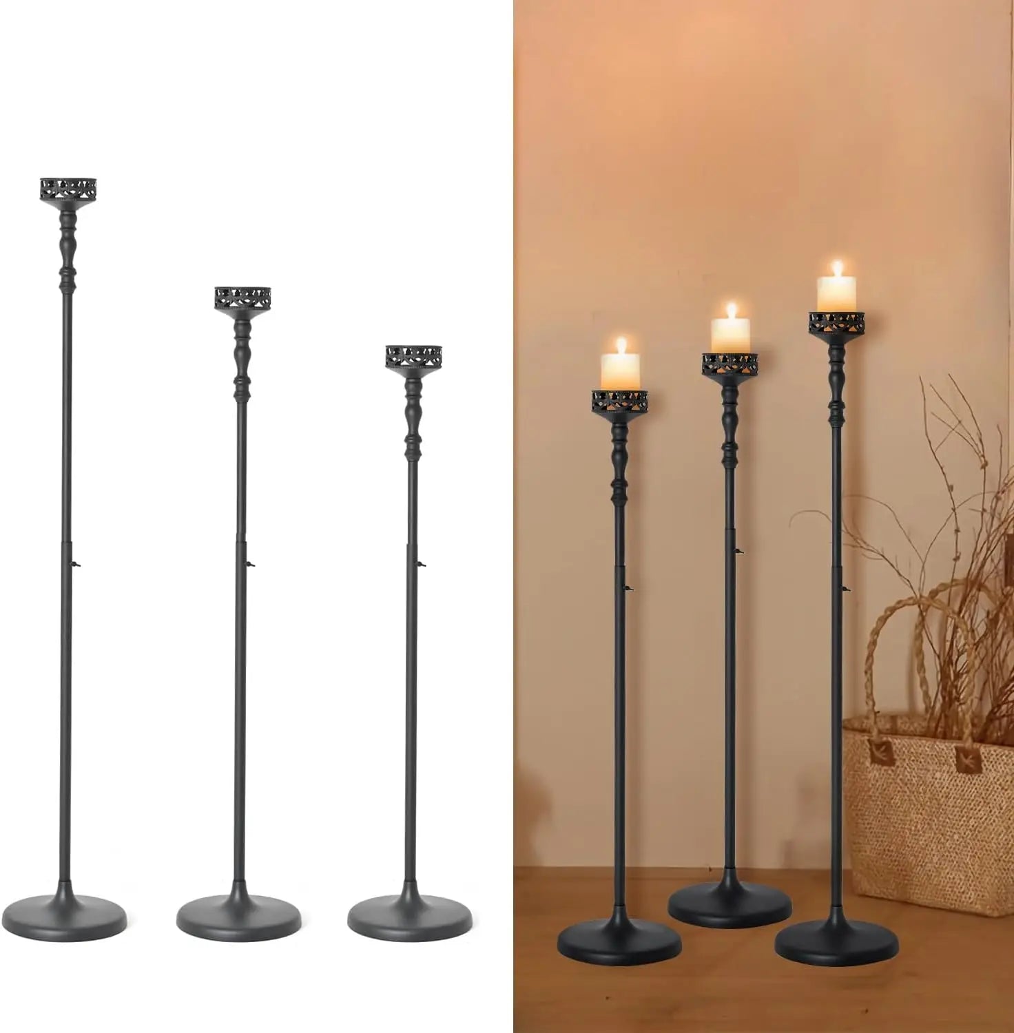 Floor Candle Holder Centerpieces for Table 3Pcs Candle holders Metal Candlestick Set for Wedding Home Ceremony Halloween (Black)