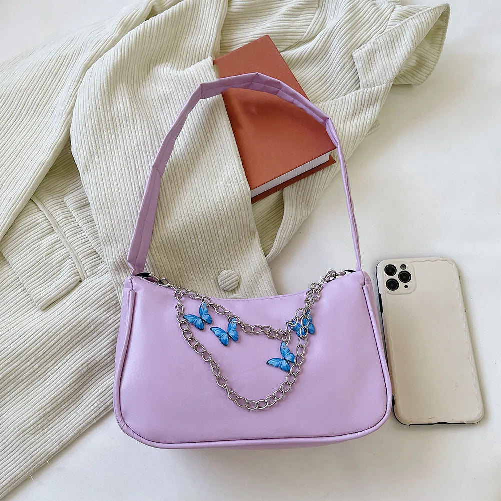 Ladies Underarm Shoulder Bags PU Leather Women Handbag Exquisite Shopping Bag with Butterfly Chains Designed