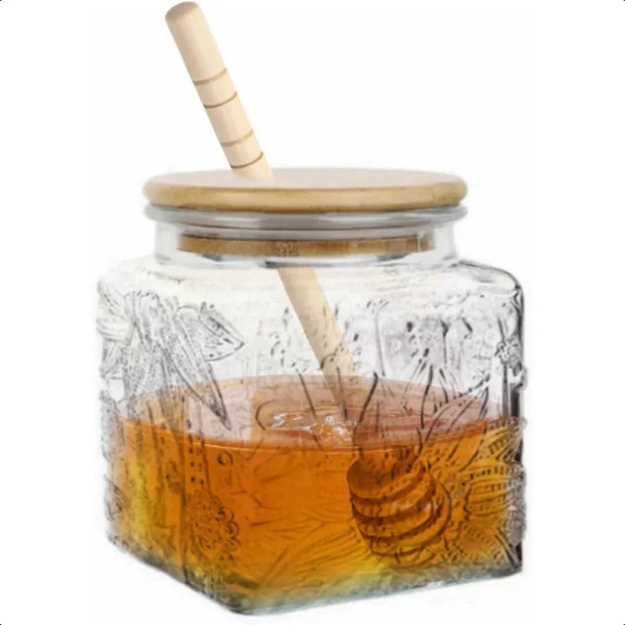 Honey Pot 17oz Airtight Glass Honey Jar with Bamboo Lid and Dipper Stick Square Sunflower Jar for Home Kitchen
