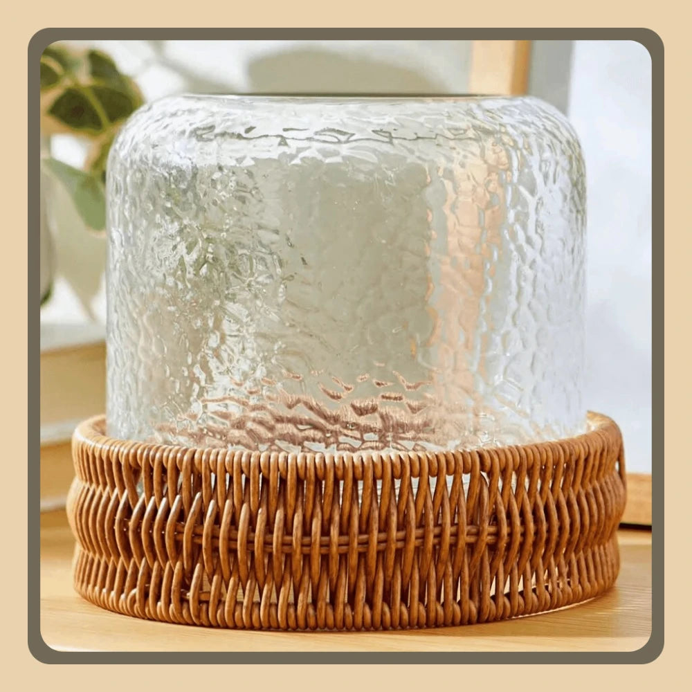 7" Decorative Clear Hammered Glass Hurricane Pillar Candle Holder with Brown Woven Base