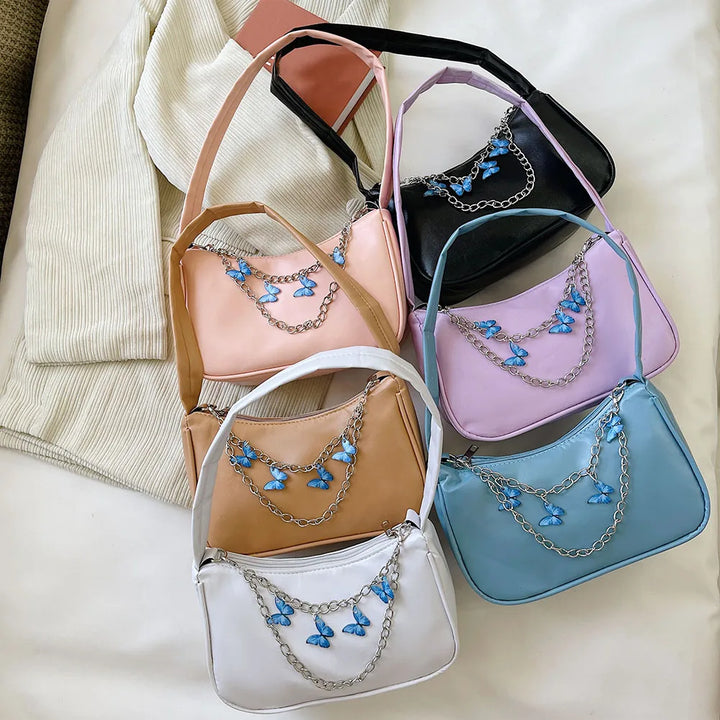 Ladies Underarm Shoulder Bags PU Leather Women Handbag Exquisite Shopping Bag with Butterfly Chains Designed