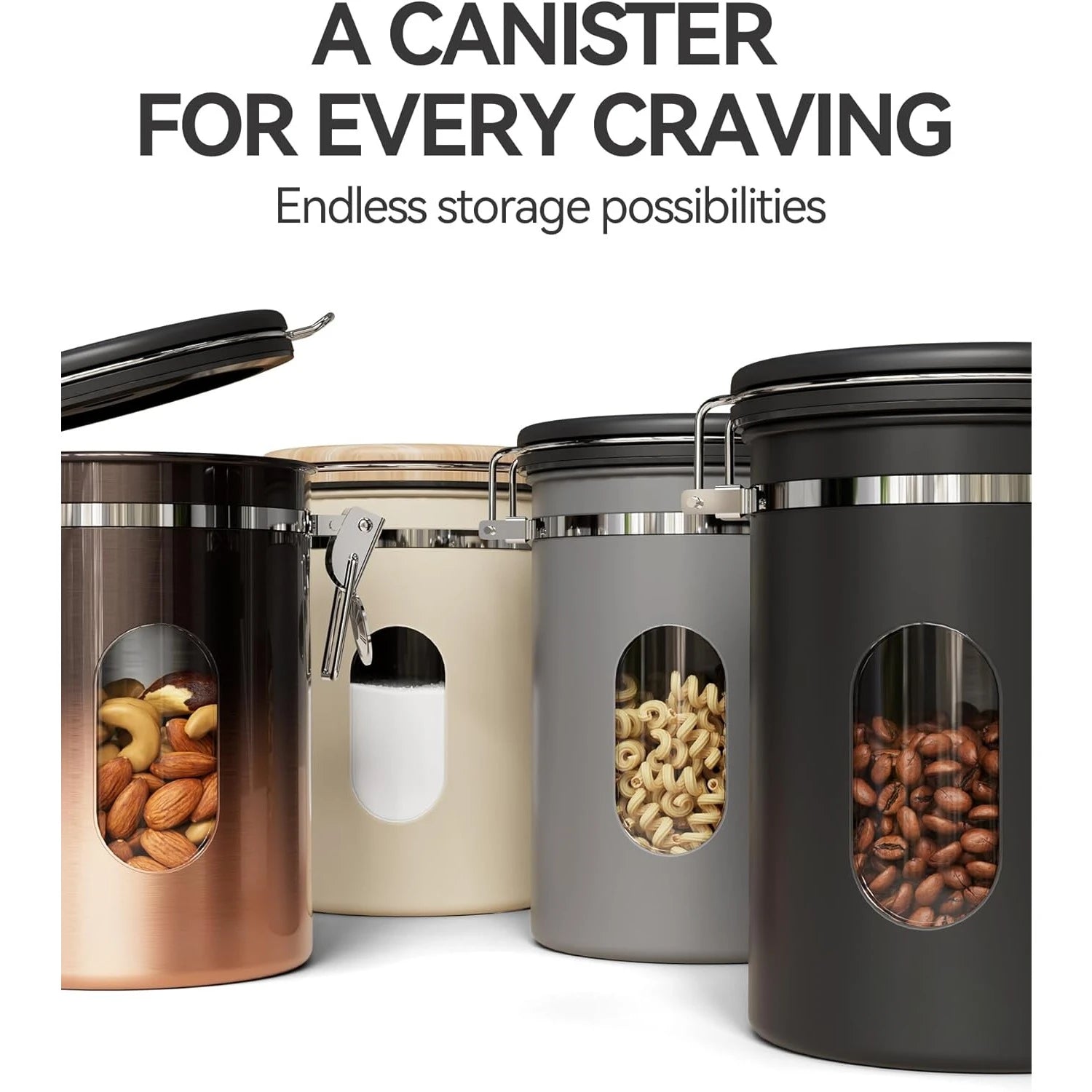 Coffee Canister with Window, Cereal, Grounds Coffee, Beans, Tea, Flour, Sugar, Airtight Stainless Steel Food Storage Container