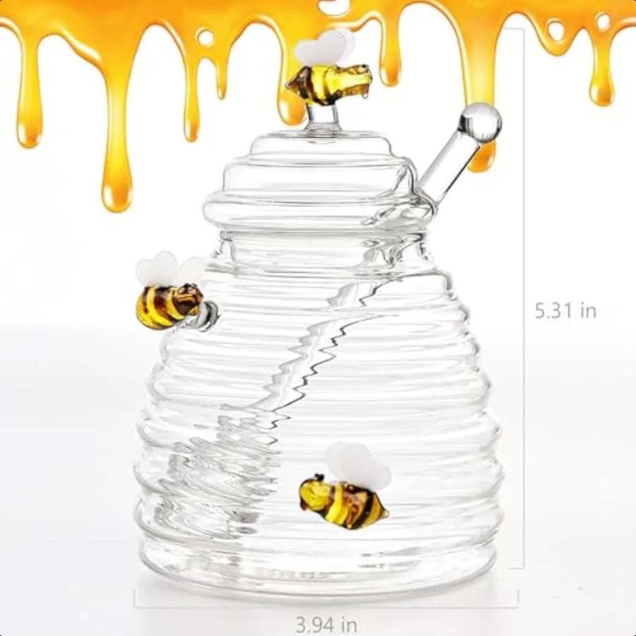 Beehive Glass Honey Jar Crystal Clear Heavy Glass Honey Pot Container for Jam Jelly Syrup Honey Jars with Dipper Ideal for Home