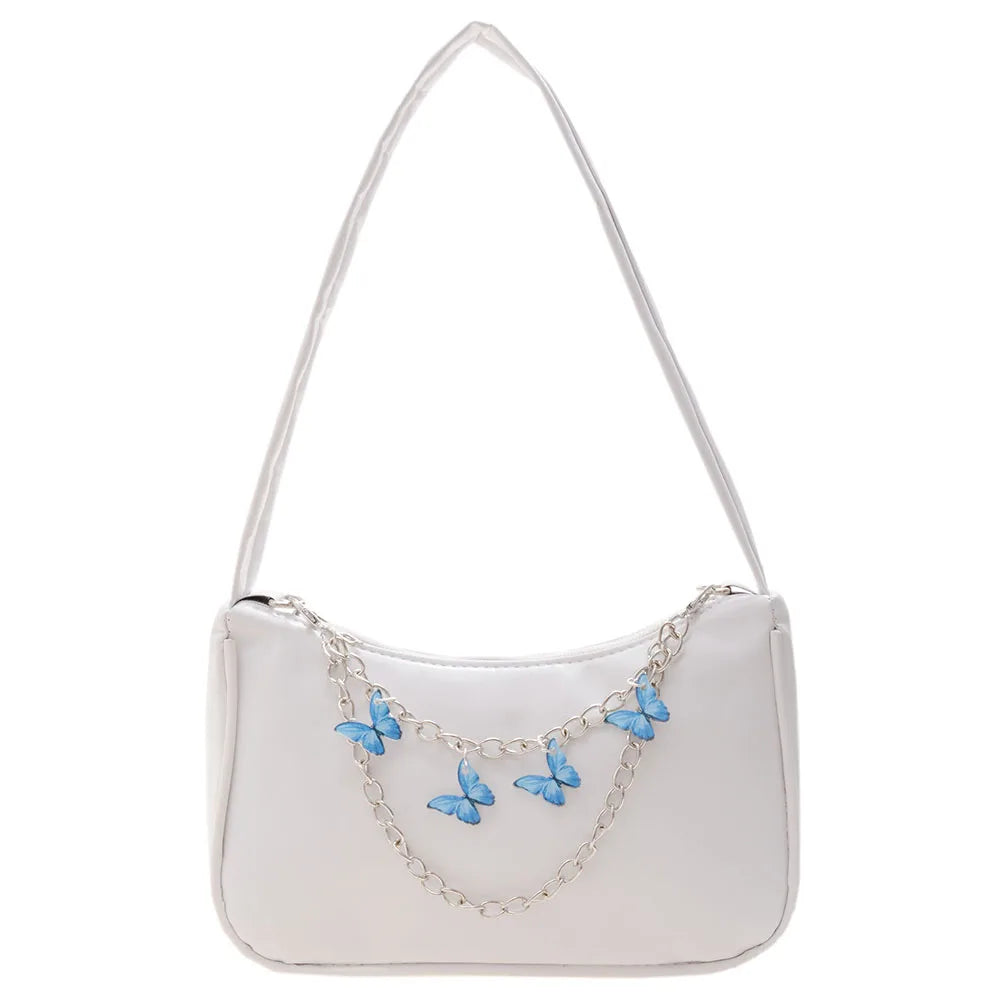 Ladies Underarm Shoulder Bags PU Leather Women Handbag Exquisite Shopping Bag with Butterfly Chains Designed