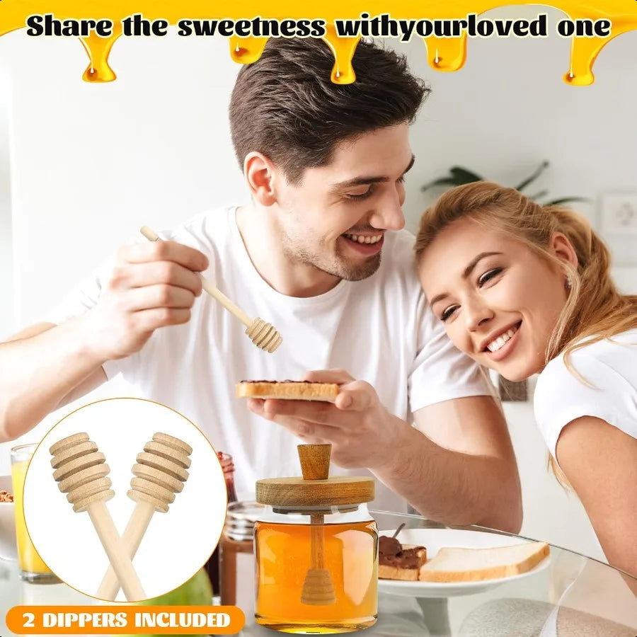 Honey Pot with Dipper and Lid 18oz Glass Honey Jar with Wooden Honey Dippers Stick Set Wide Mouth Honey Containers Airtight Syr