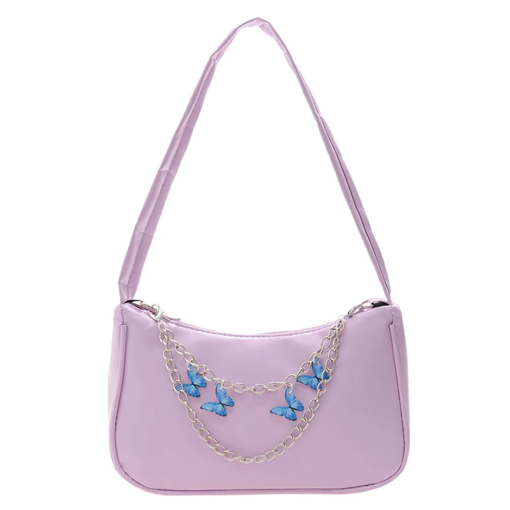 Ladies Underarm Shoulder Bags PU Leather Women Handbag Exquisite Shopping Bag with Butterfly Chains Designed