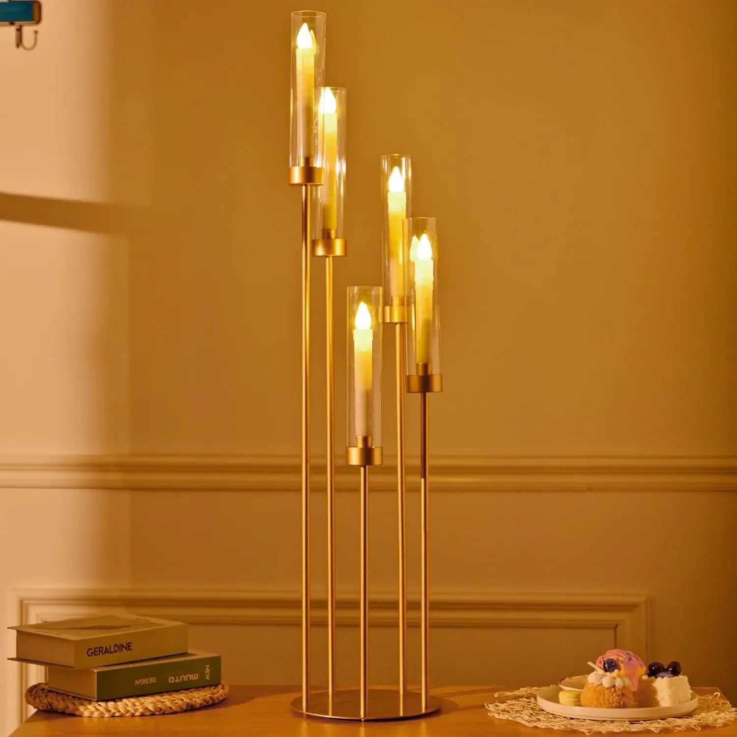 39.4'' Tall Gold Floor Candelabra 8PCS 5 Arm Candle Holder Candle Holder with Acrylic Lampshade for Wedding  Birthday Party