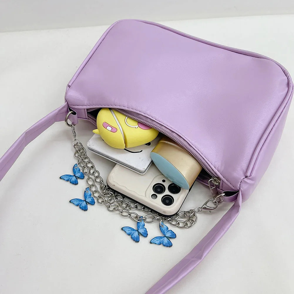 Ladies Underarm Shoulder Bags PU Leather Women Handbag Exquisite Shopping Bag with Butterfly Chains Designed